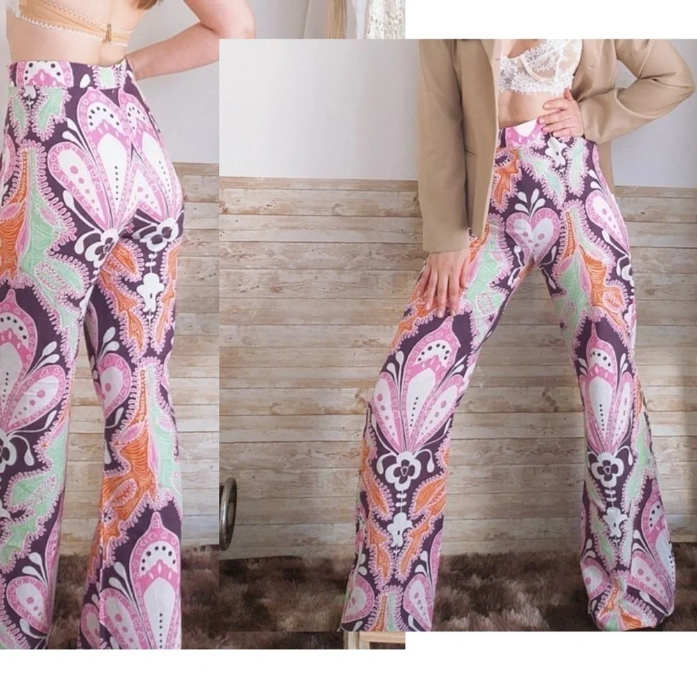 Zara paisley multicoloured printed retro bohemian flare pants - Picture 4 of 14